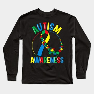 Colorful Autism Awareness Day Puzzle Ribbon Long Sleeve T-Shirt